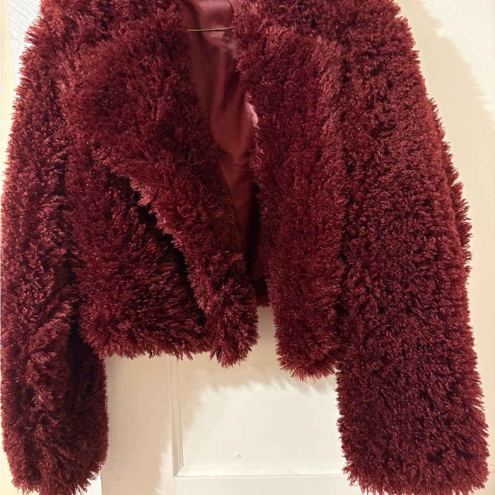 Faux Fur Burgundy Jacket and Midi Sequin Prom Dress - Picture 6 of 10